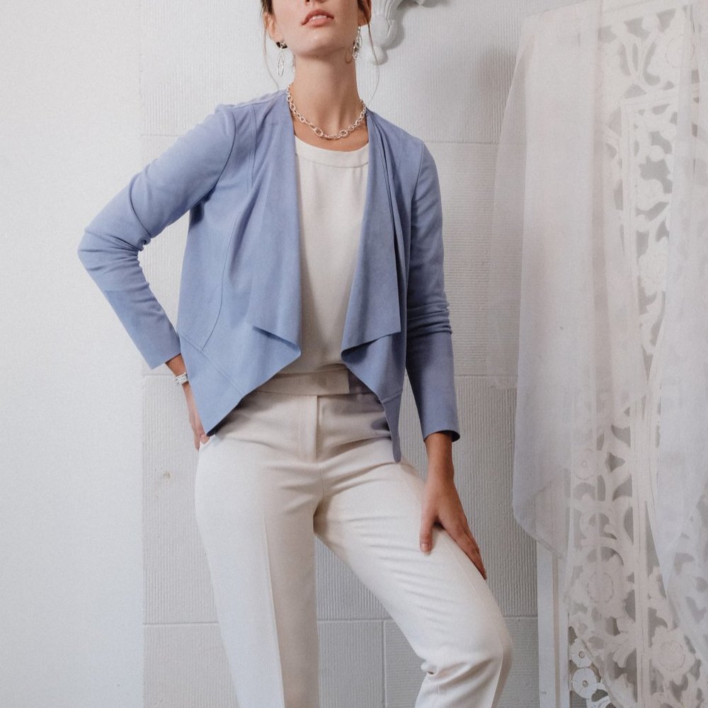 Anne Klein Faux Suede Drape Front Jacket High Sky - Picture 4 of 8